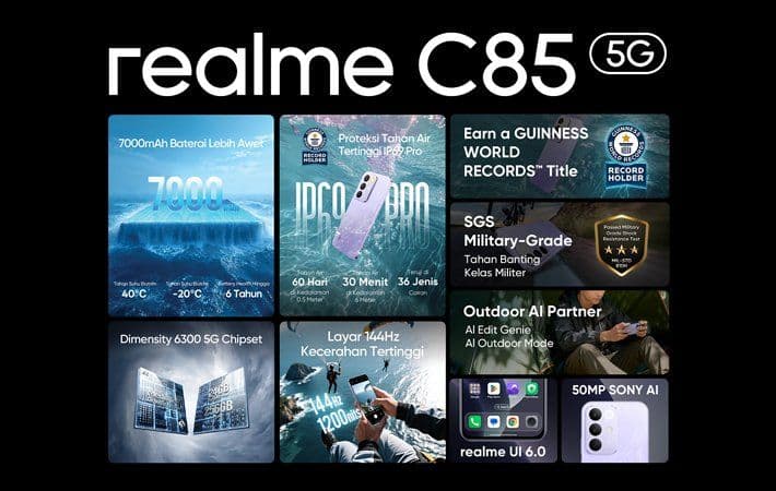 realme C85 5G Resmi Meluncur, Bawa Baterai 7000mAh dan IP69
