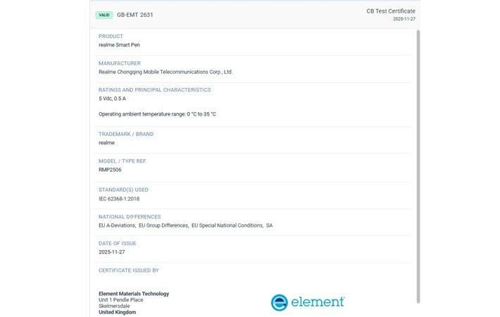 realme Smart Pen RMP2506 Lolos Sertifikasi, Dukung Charging 2,5W