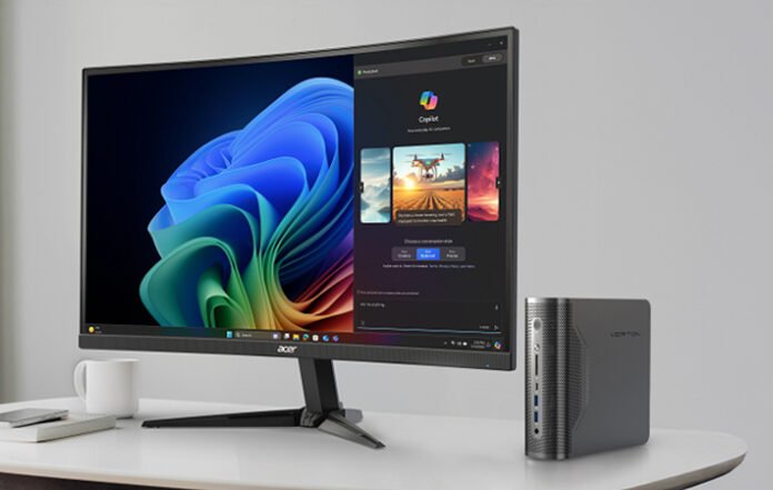 Foto produk Acer Veriton RA100 AI Mini Workstation dengan desain ringkas berwarna hitam.