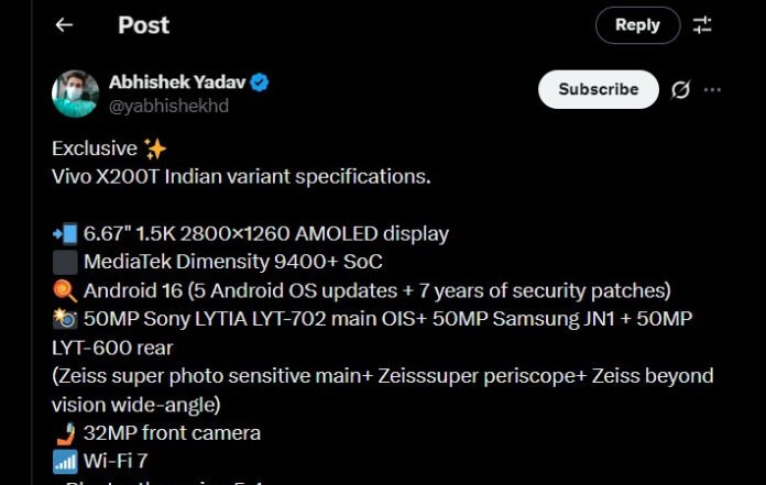 Spesifikasi Vivo X200T Bocor, Gunakan Chipset Dimensity 9400+